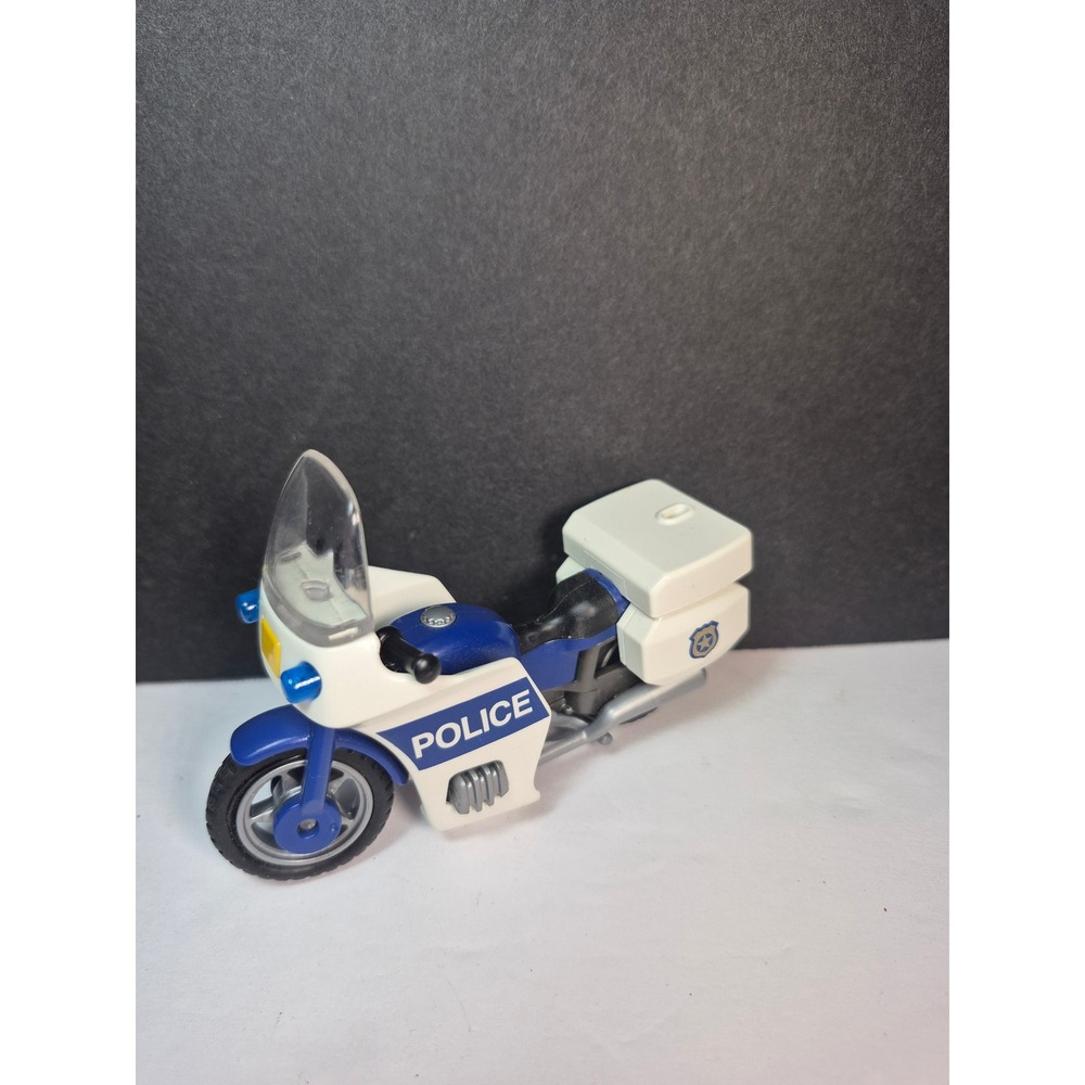 Vintage Y2K Playmobil Police Motorcycle Toy Blue White Emergency Vehicle